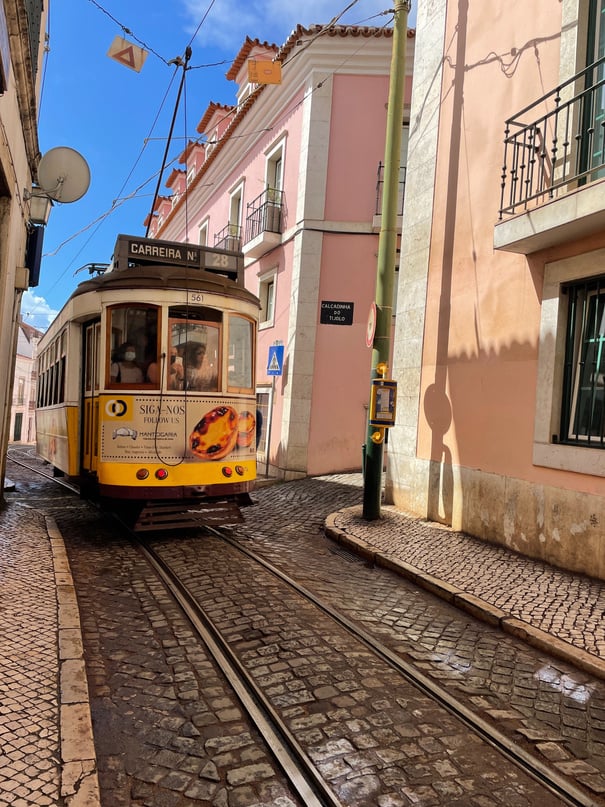 L'authentique tramway jaune de Lisbonne dans ses petites rues colorées